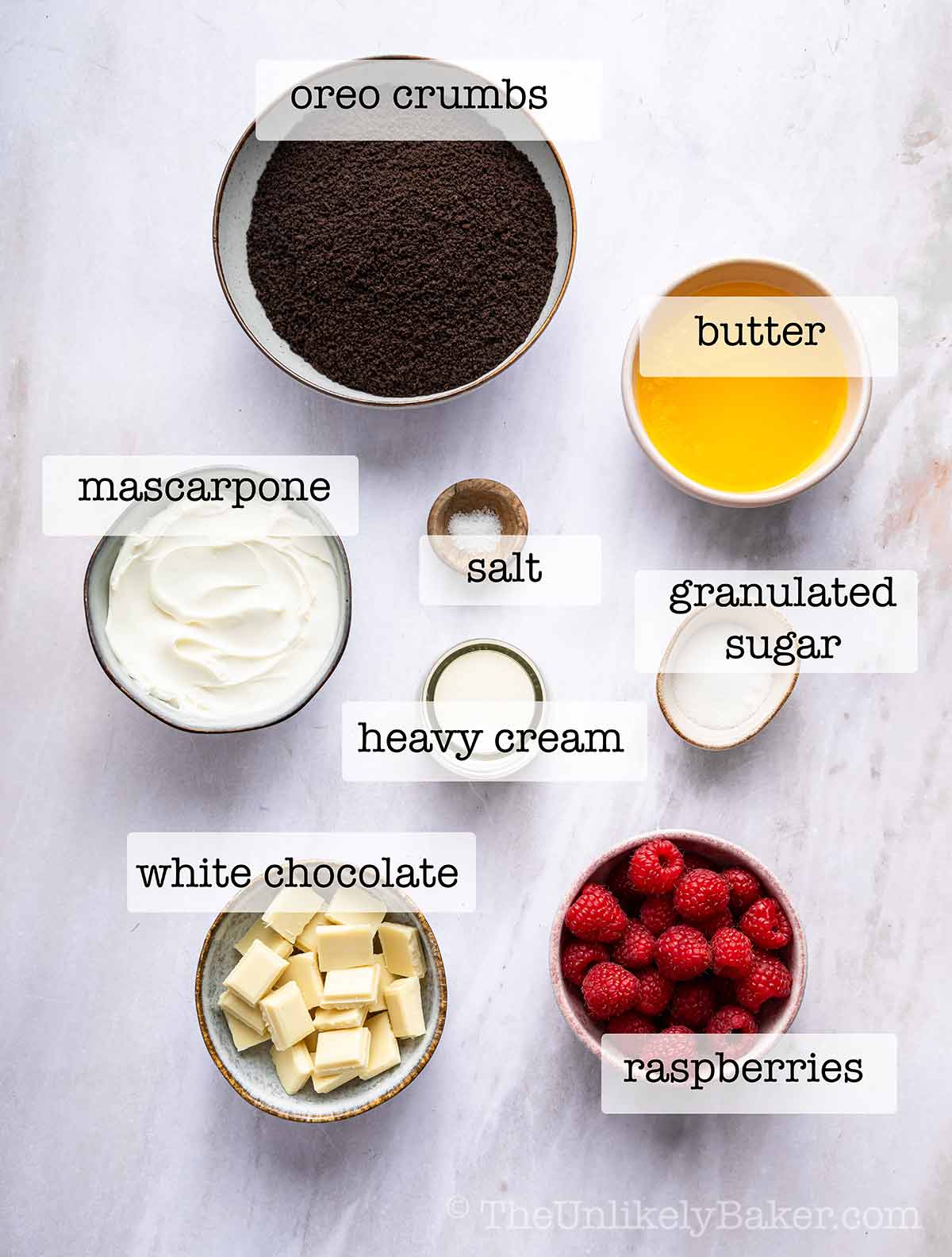 Ingredients for white chocolate raspberry tart with text overlay.