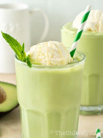 Avocado shake topped with vanilla ice cream.