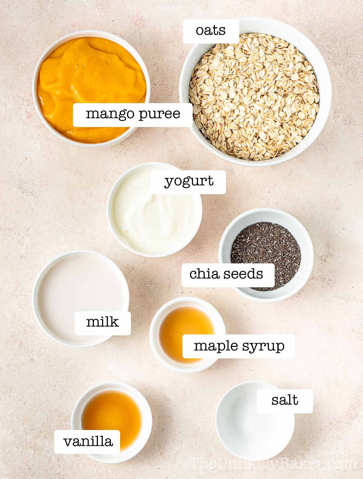 Mango overnight oats ingredients with text overlay.