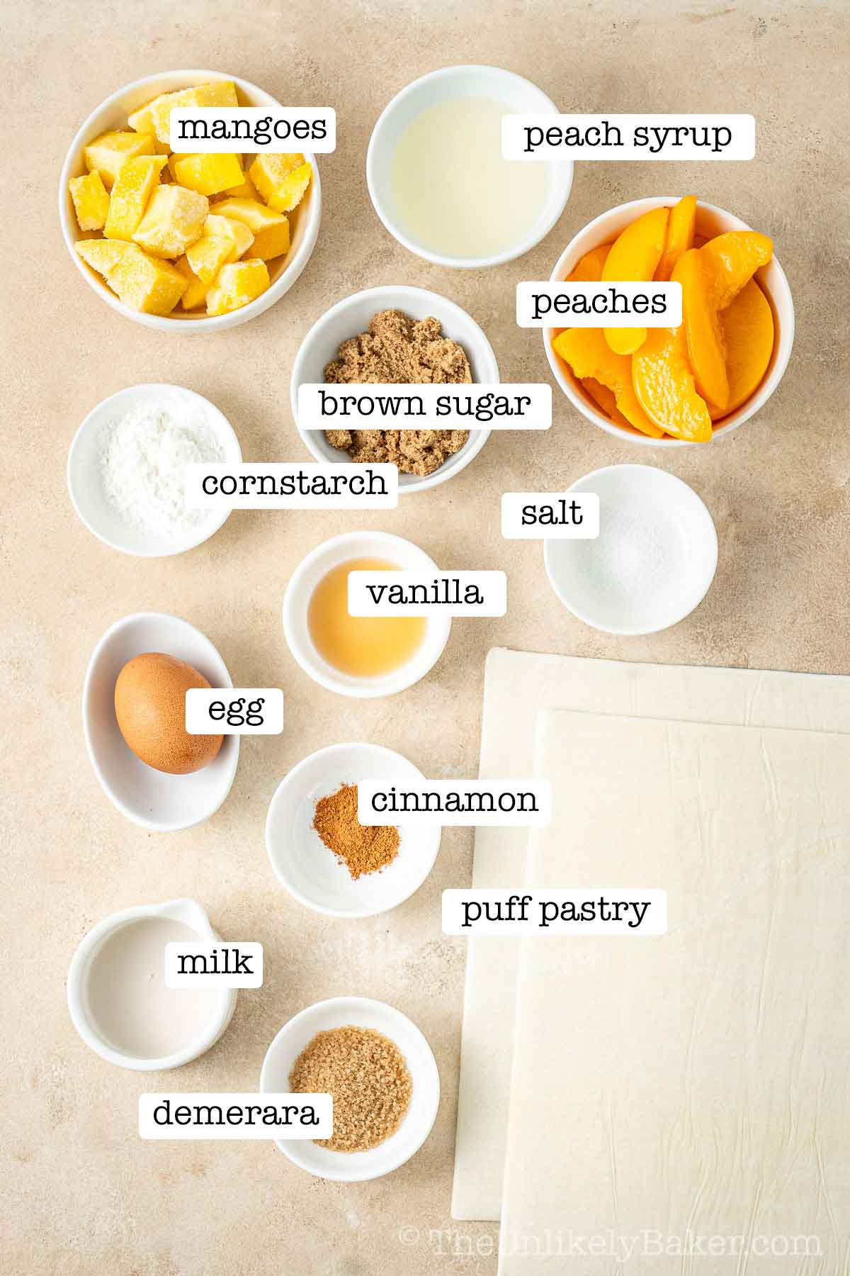 Ingredients for peach mango pie with text overlay.