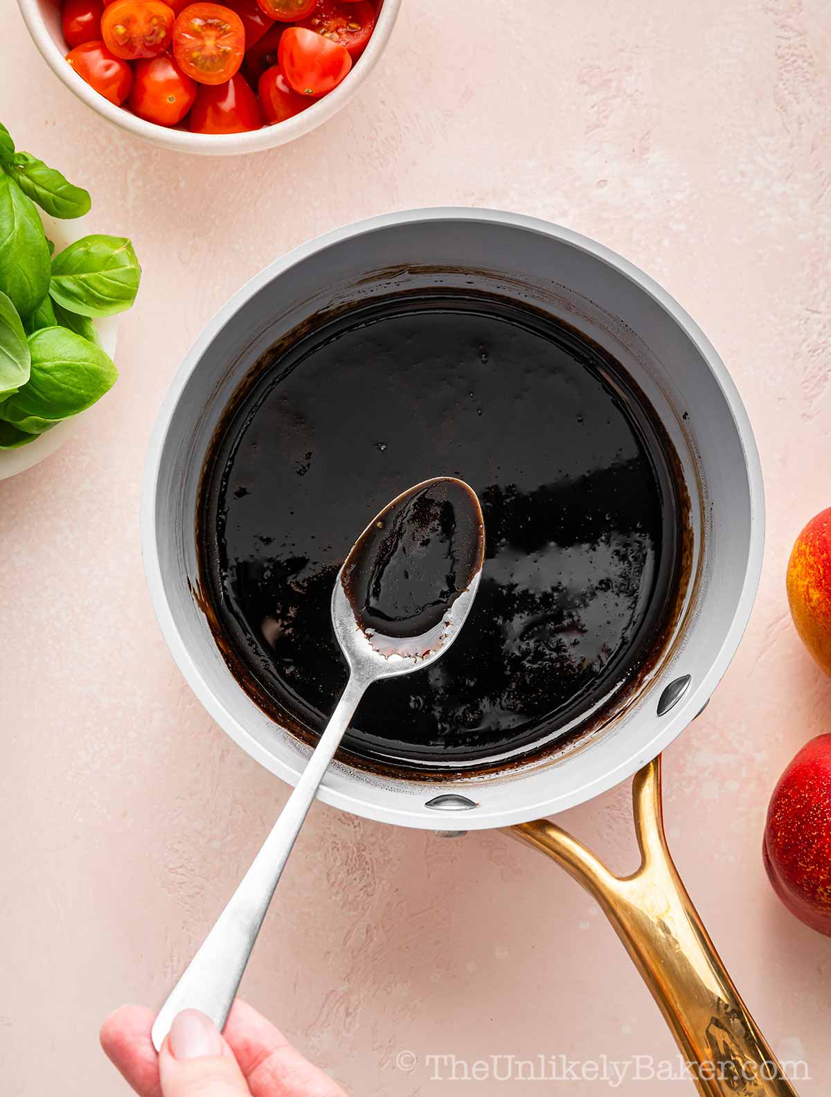 Balsamic reduction in a pot.