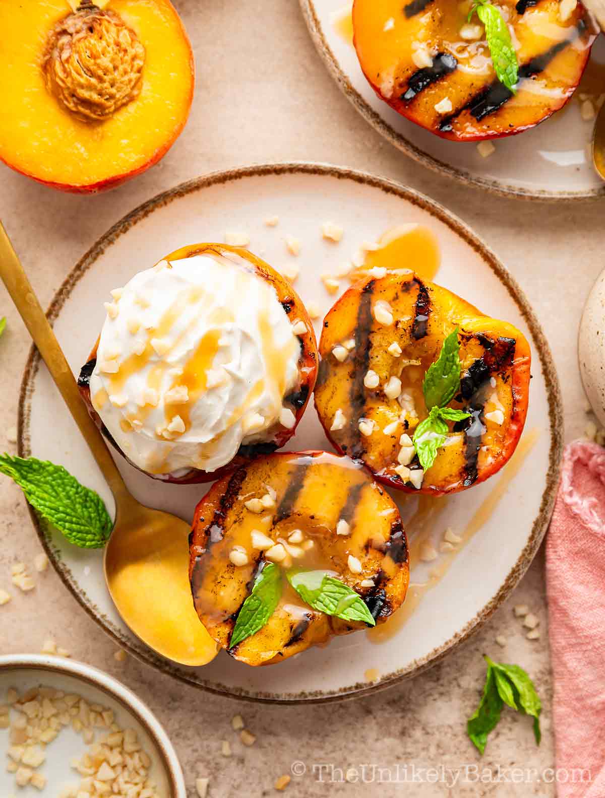 Grilled peaches with mascarpone and bourbon salted caramel.