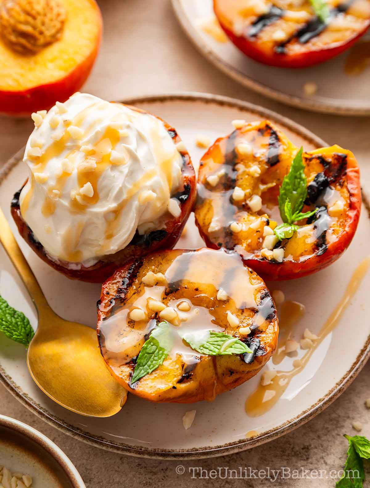Grilled peach mascarpone dessert.