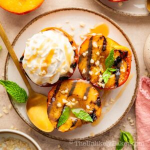 Grilled peaches with mascarpone and bourbon salted caramel.