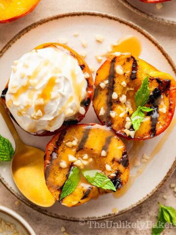 Grilled peaches with mascarpone and bourbon salted caramel.