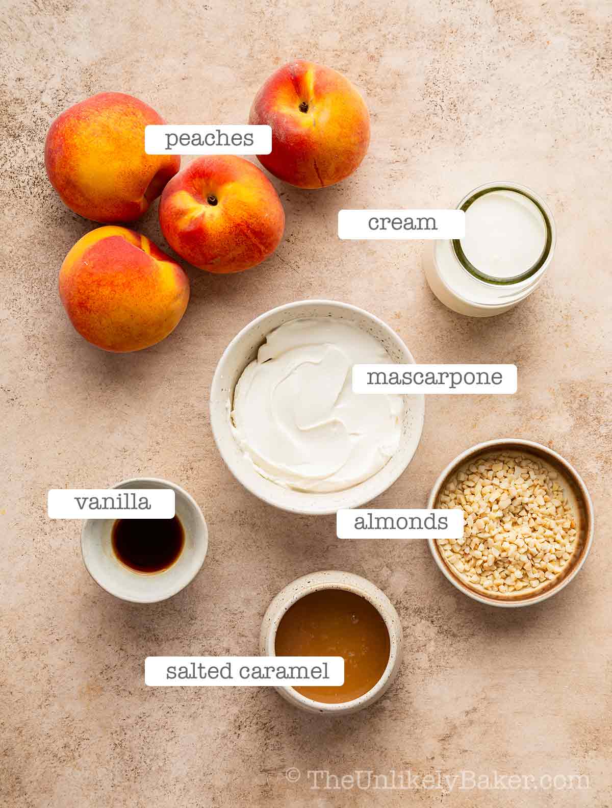 Ingredients for grilled peaches and mascarpone cream.