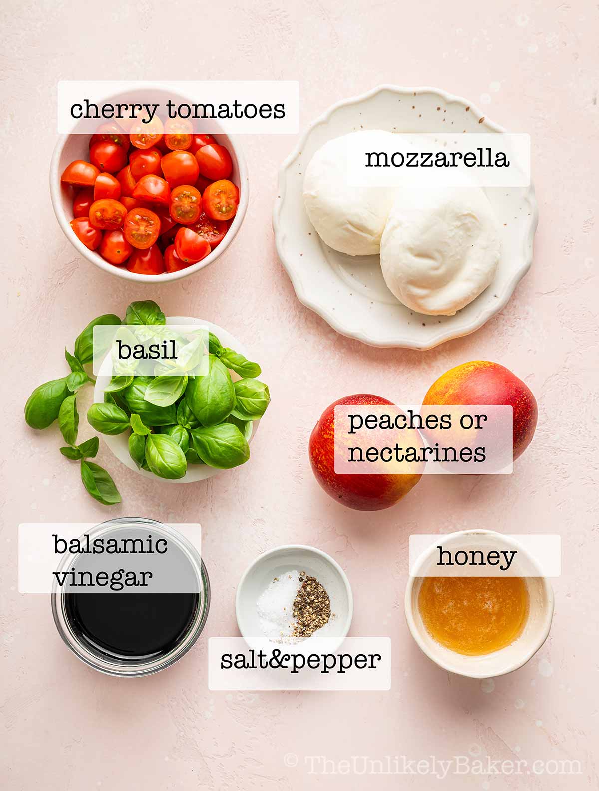 Peach caprese salad ingredients with text overay.