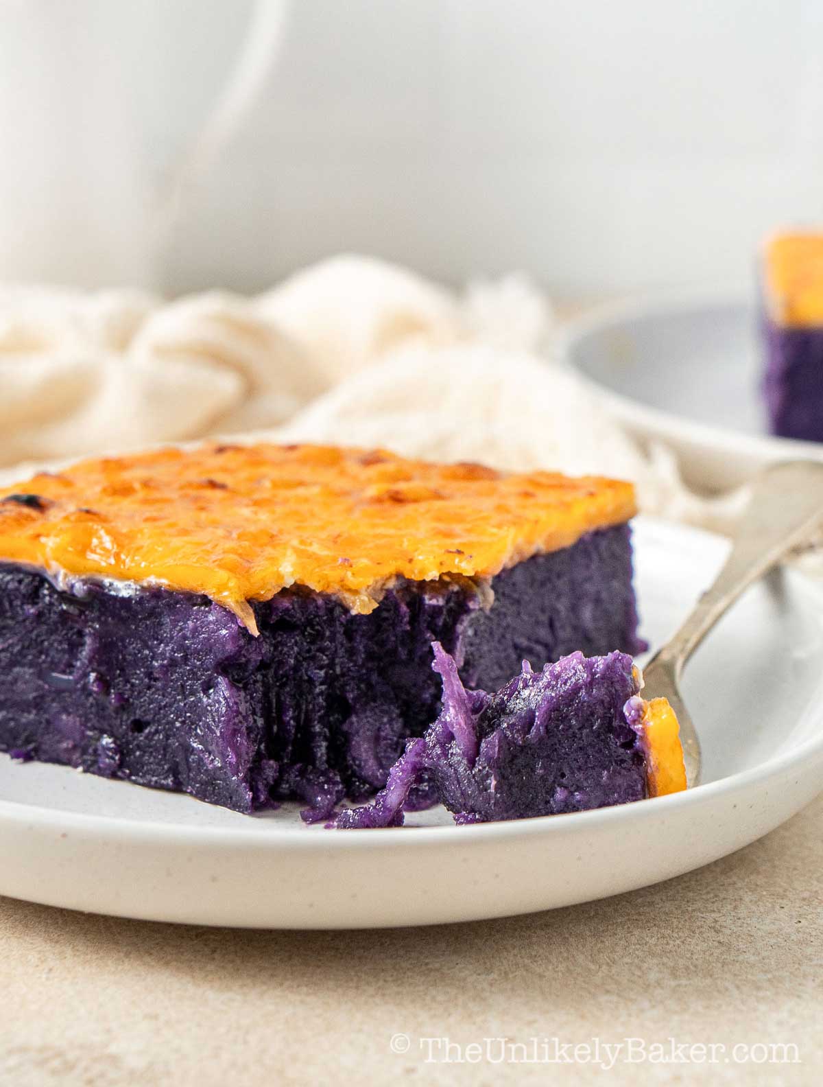 Slice of delicious ube cassava cake.