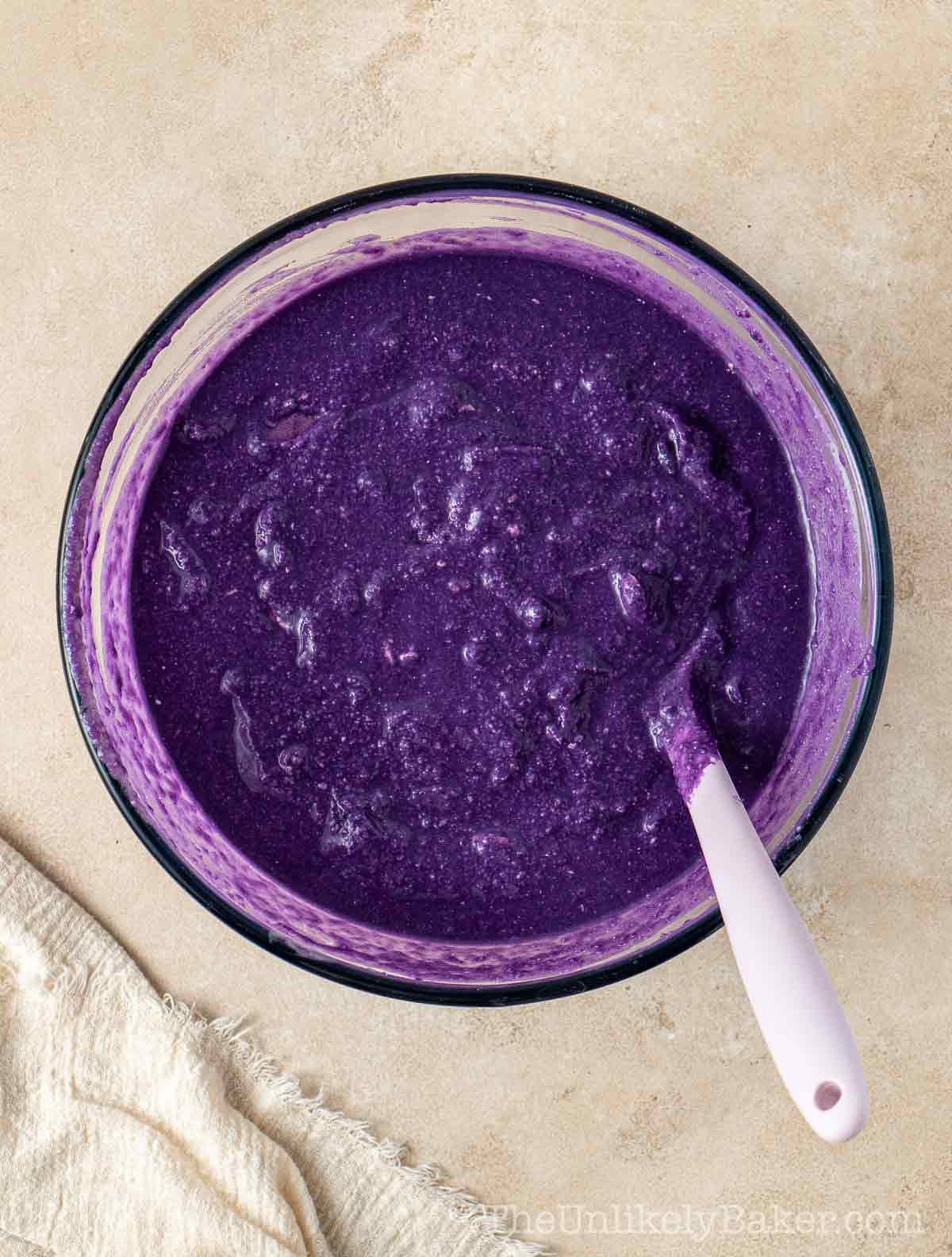 Ube cassava mixture in a bowl.