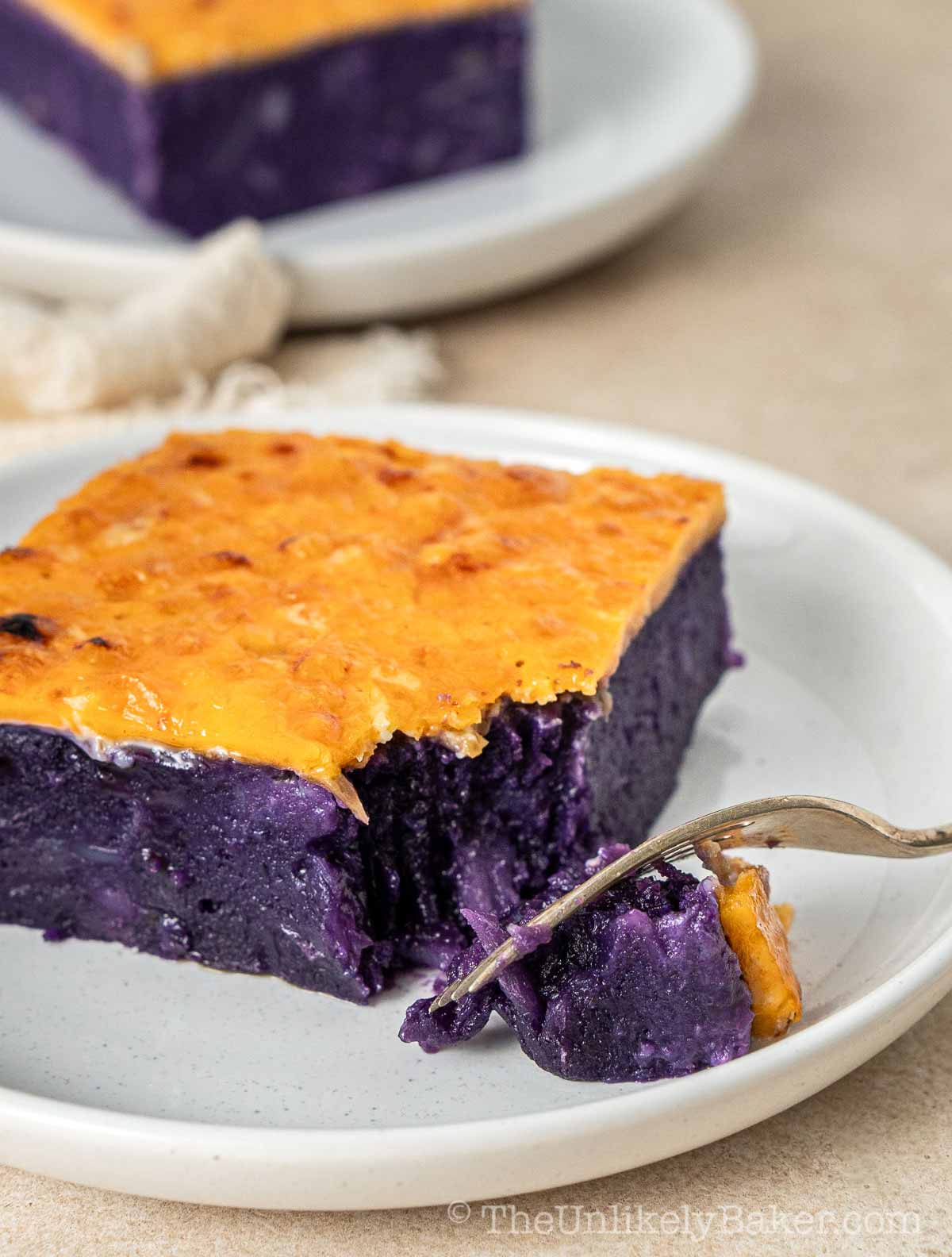 Slice of cassava cake ube.