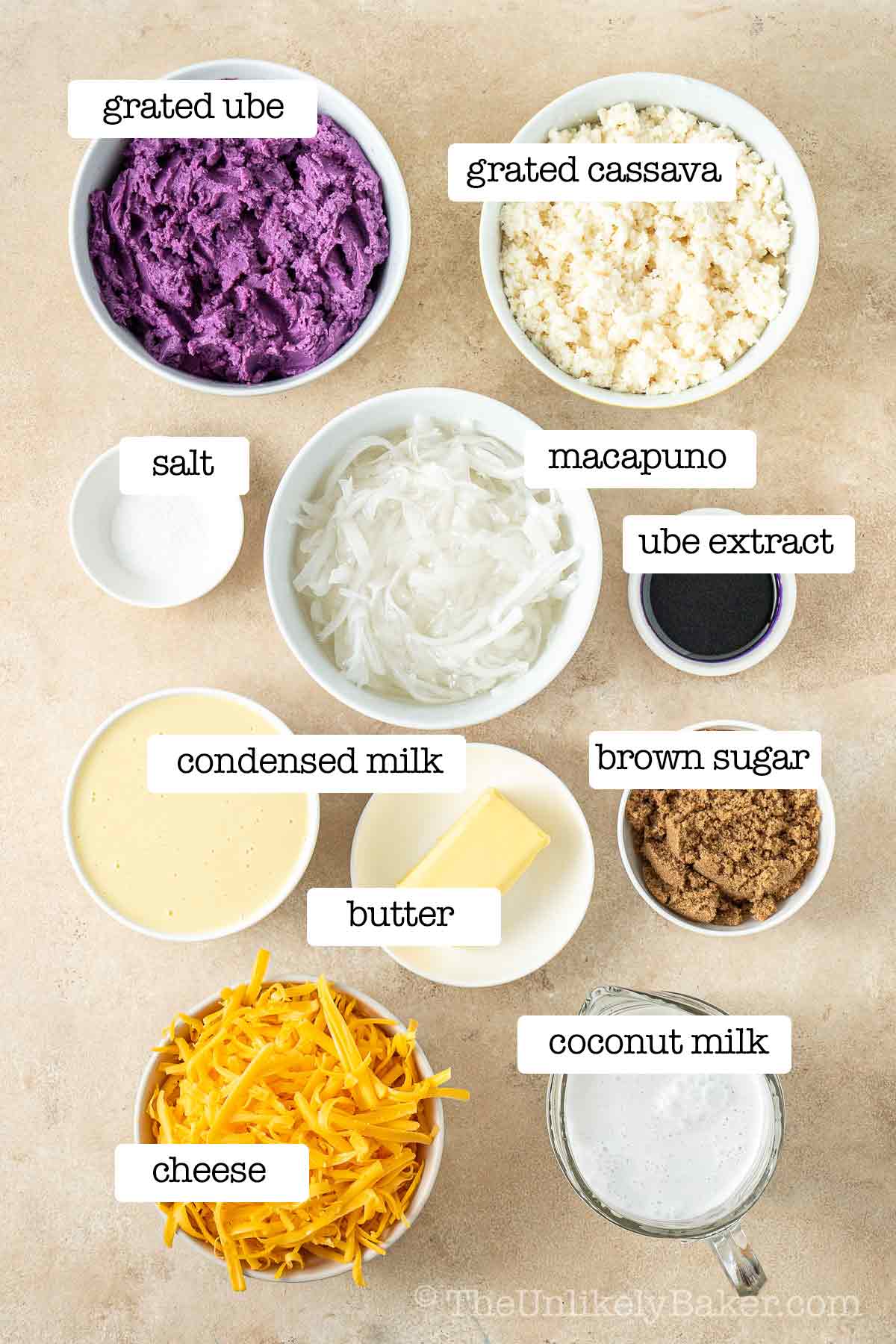 Ube cassava cake ingredients with text overlay.