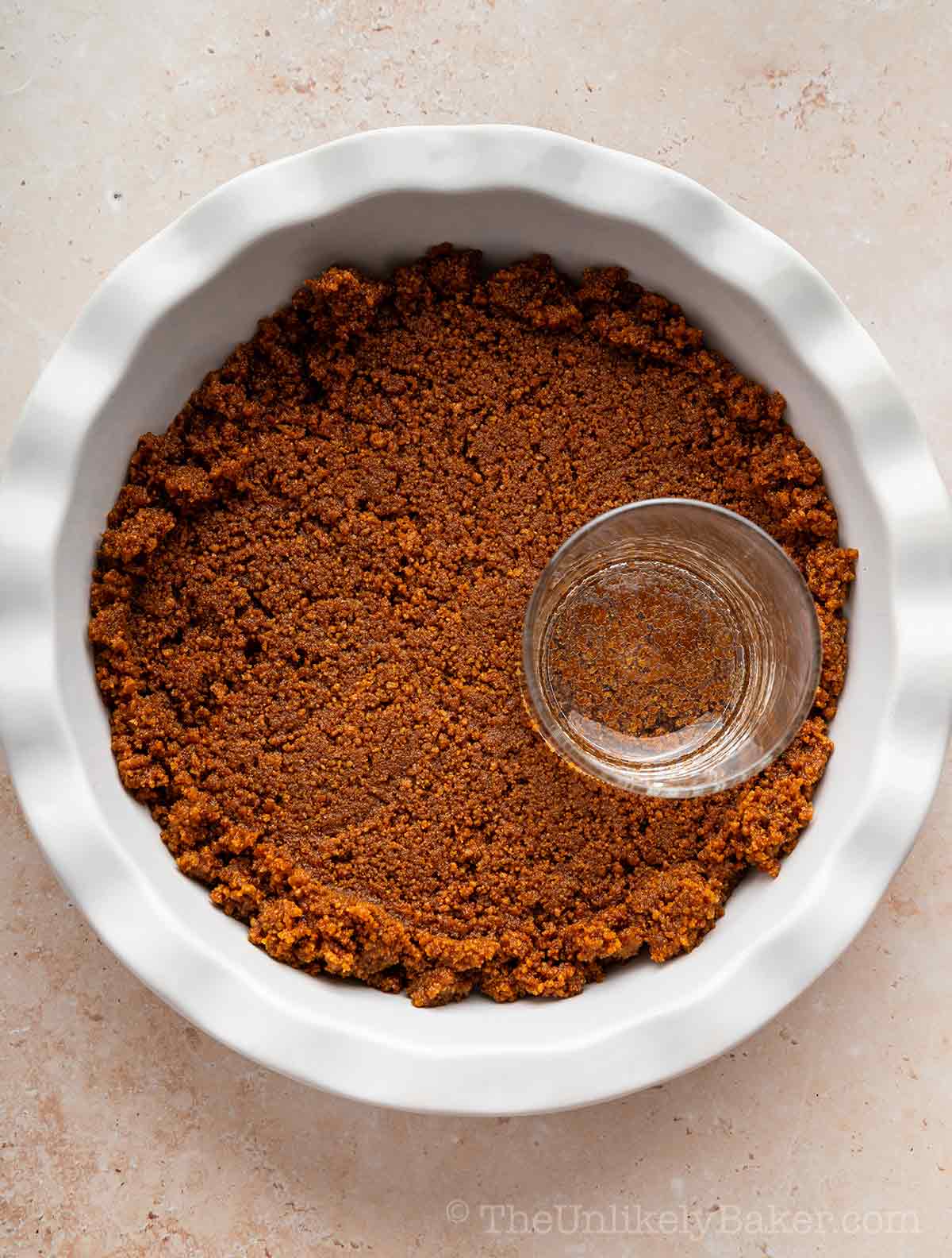 Crust mixture transfered to pie dish.