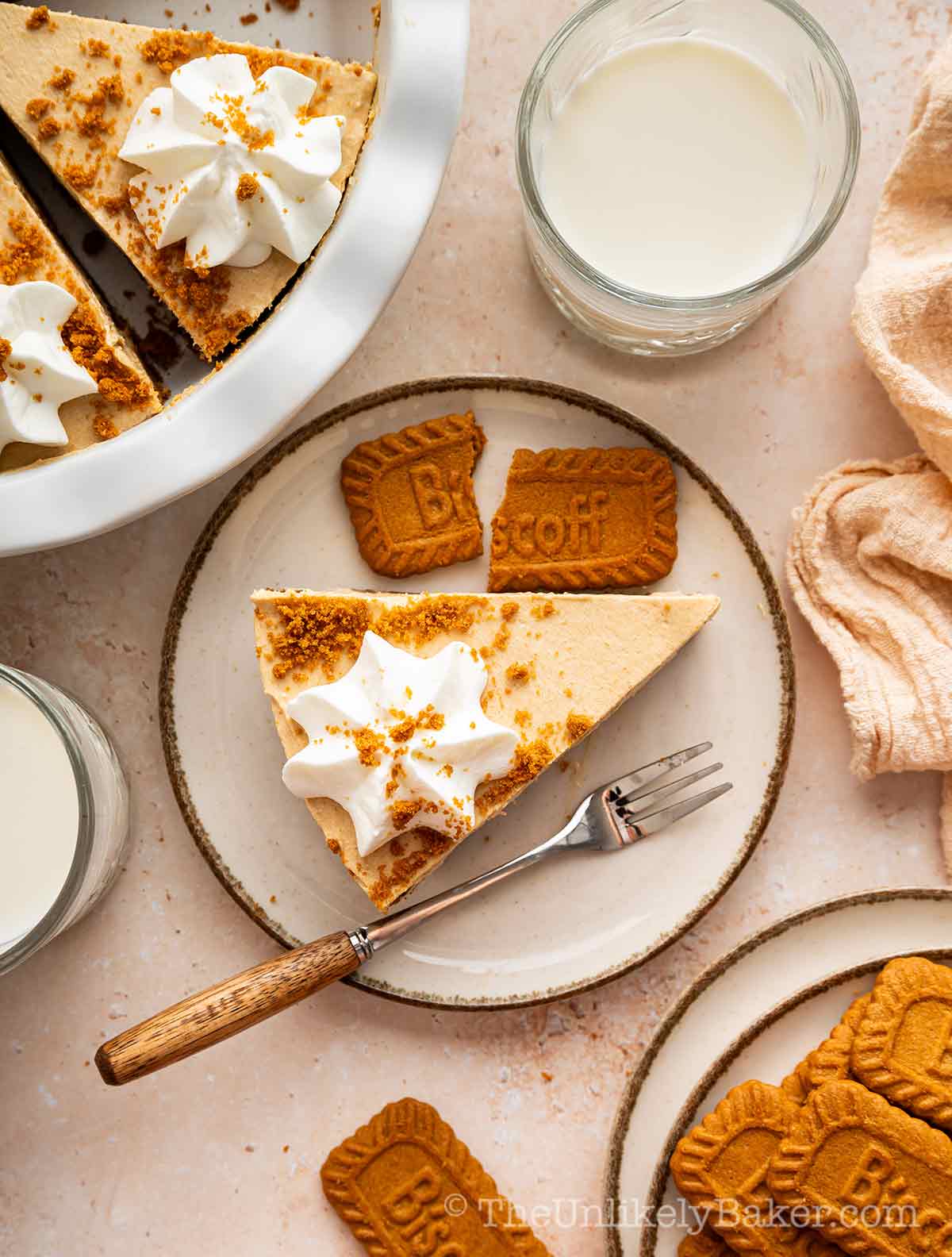 A slice of no bake Biscoff pie.