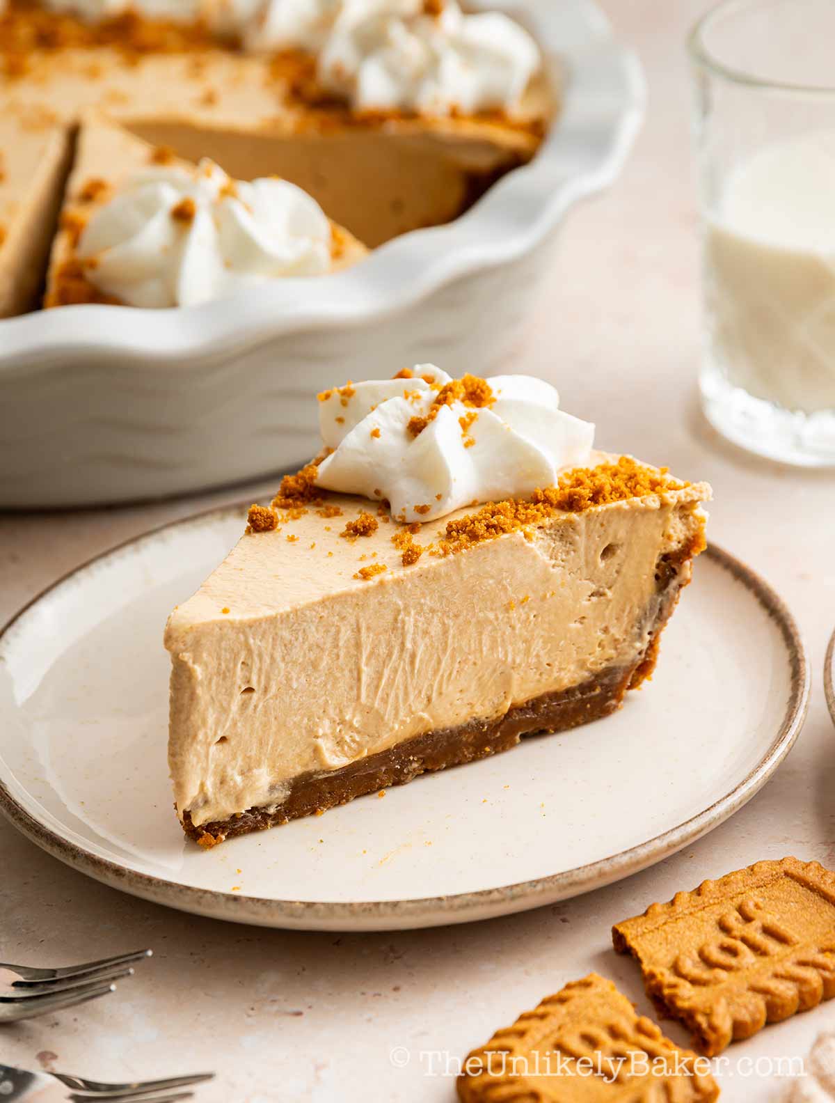 A slice of Biscoff cookie butter pie.