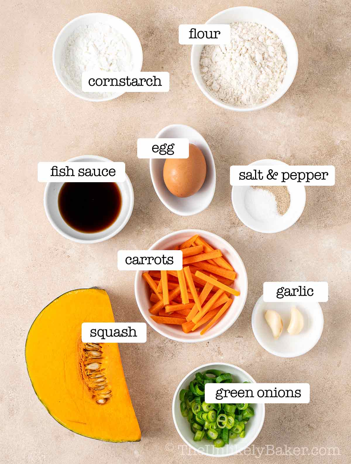 Ingredients of okoy kalabasa with text overlay.