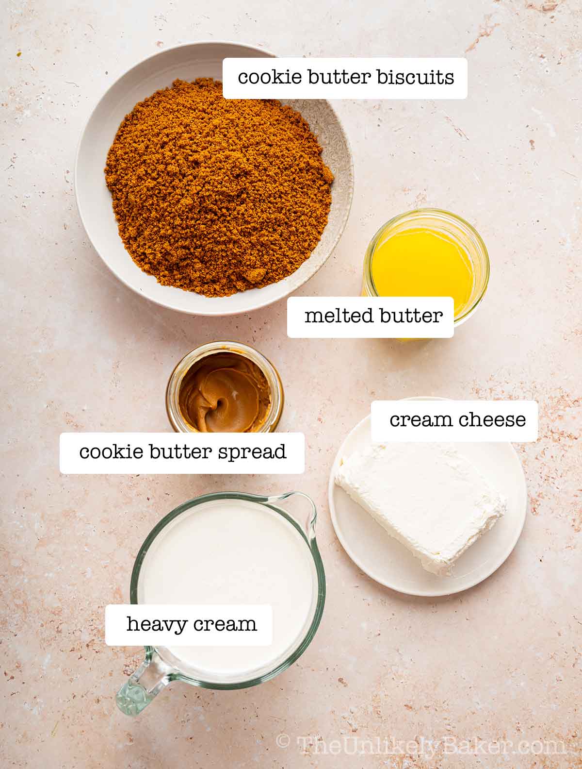 No bake cookie butter pie ingredients with text overlay.