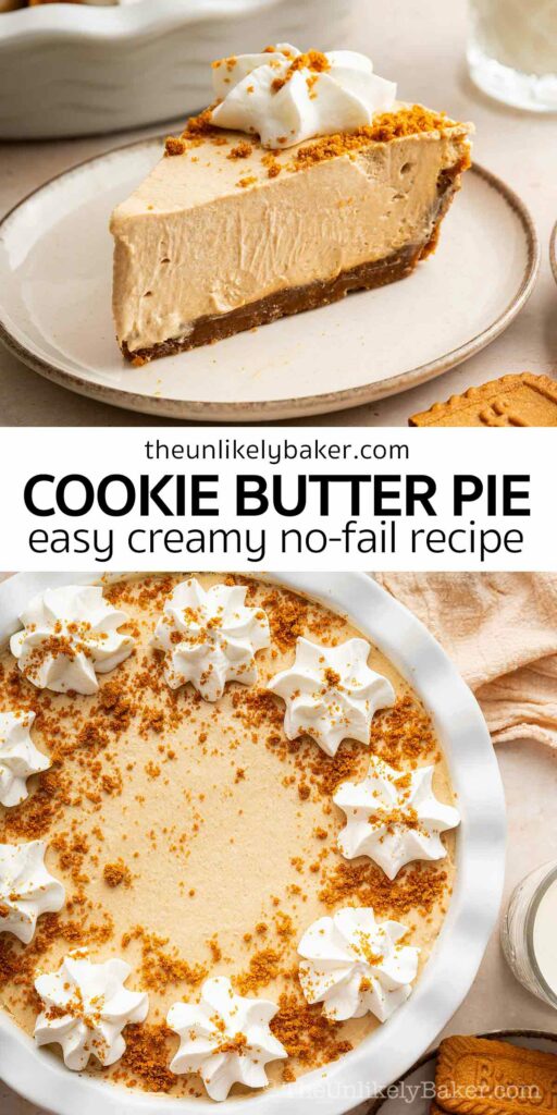 Pin for Easy Creamy No Bake Cookie Butter Pie.