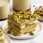 Pistachio tiramisu on a plate.