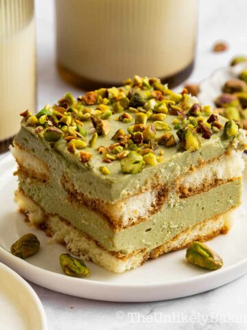 Pistachio tiramisu on a plate.