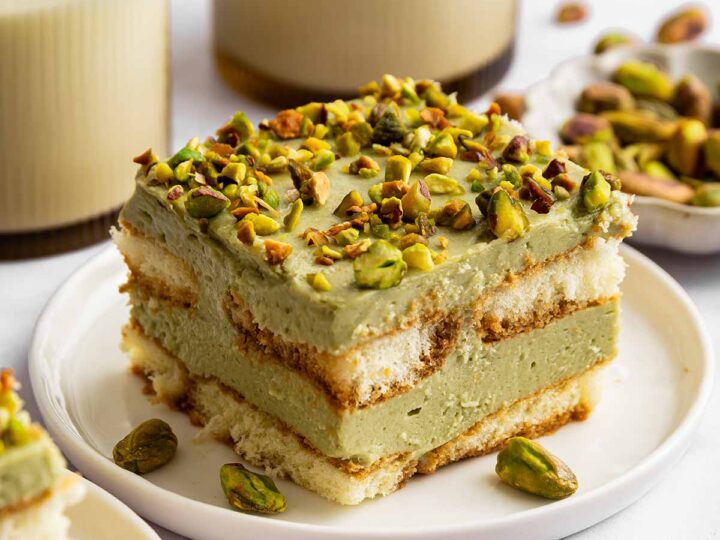 Pistachio tiramisu on a plate.