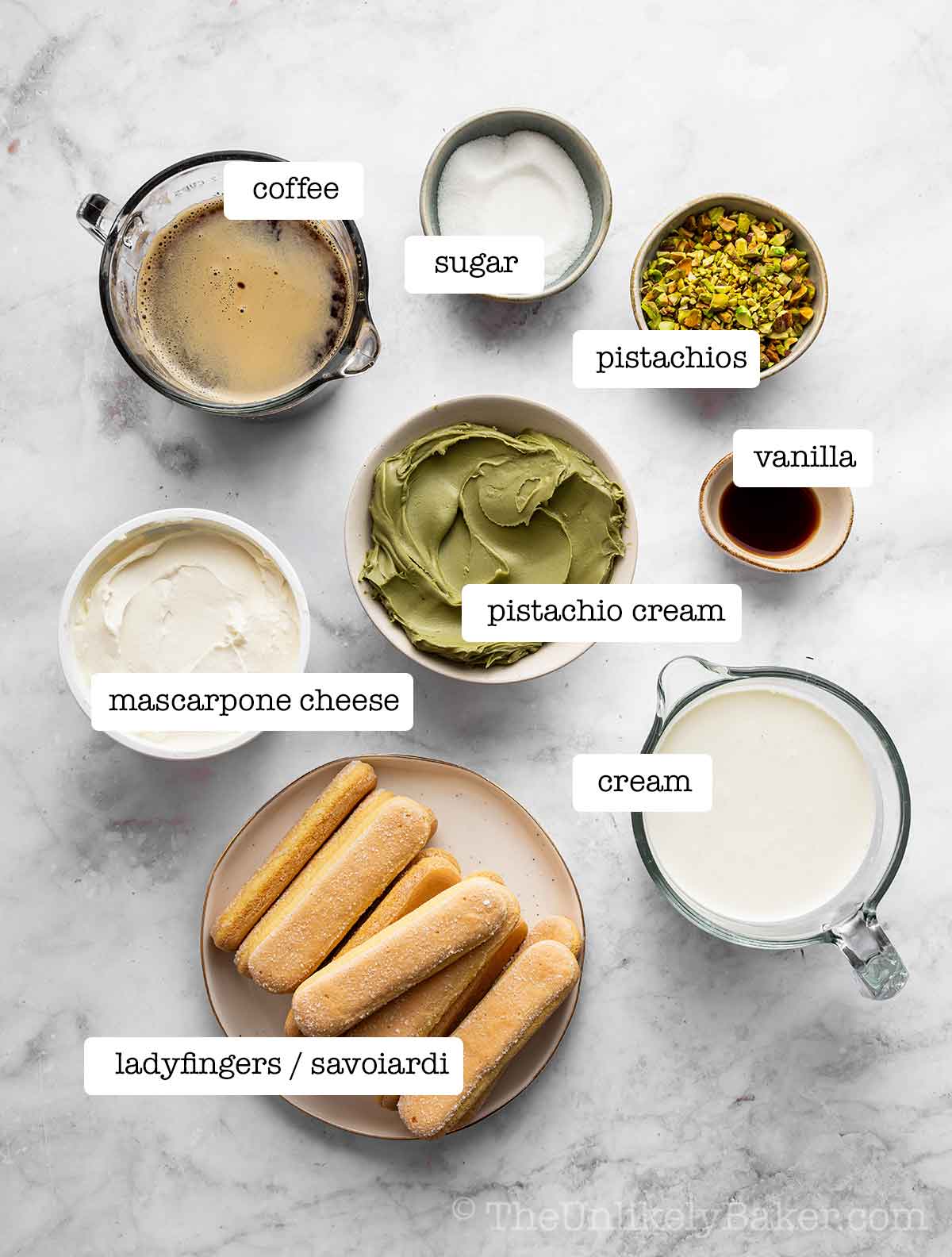 Ingredients for pistachio tiramisu with text overlay.