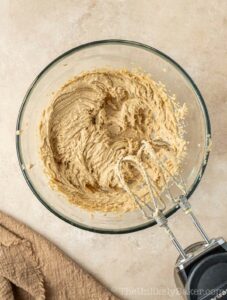 Brown sugar and eggs added to mixture.
