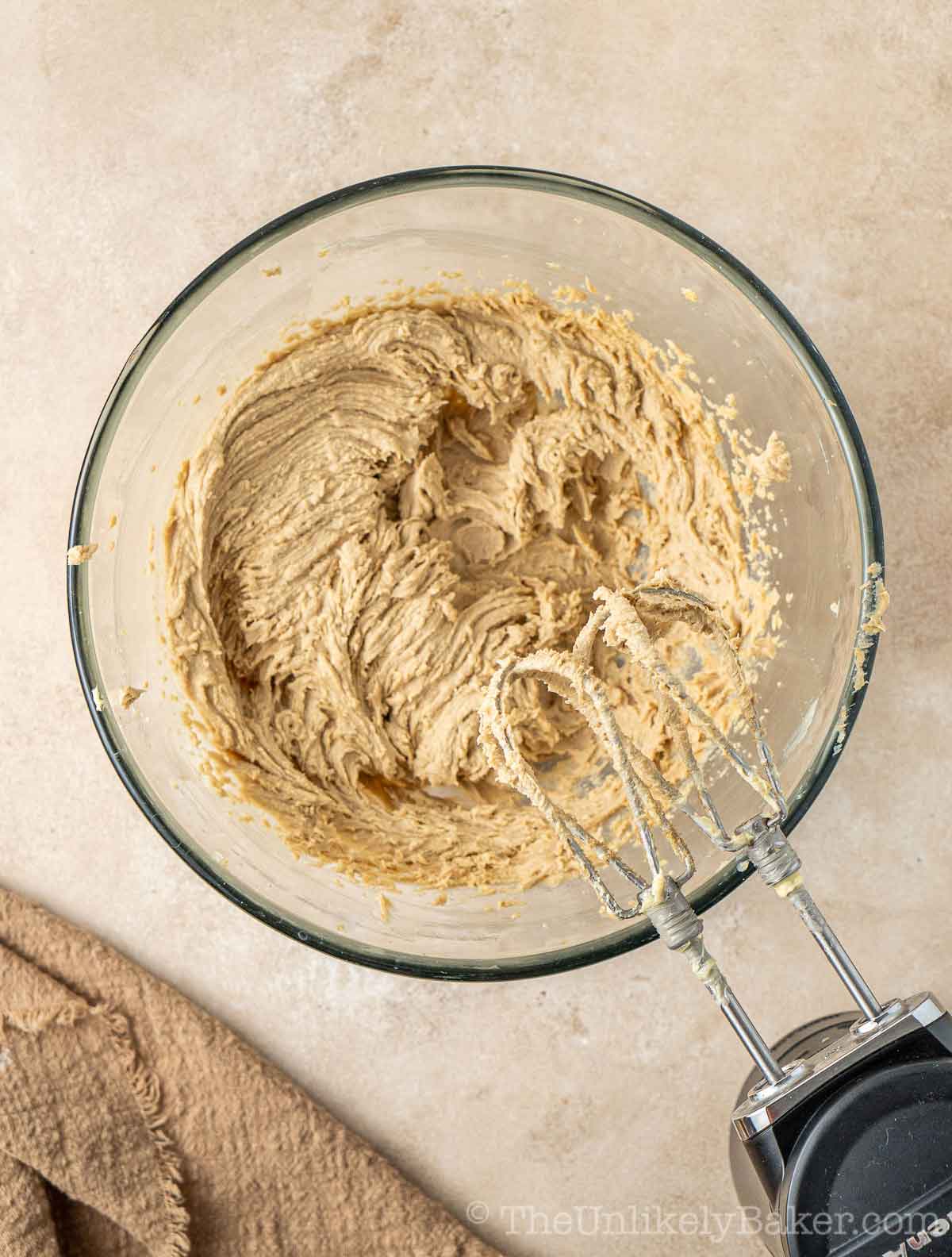 Brown sugar and eggs added to mixture.