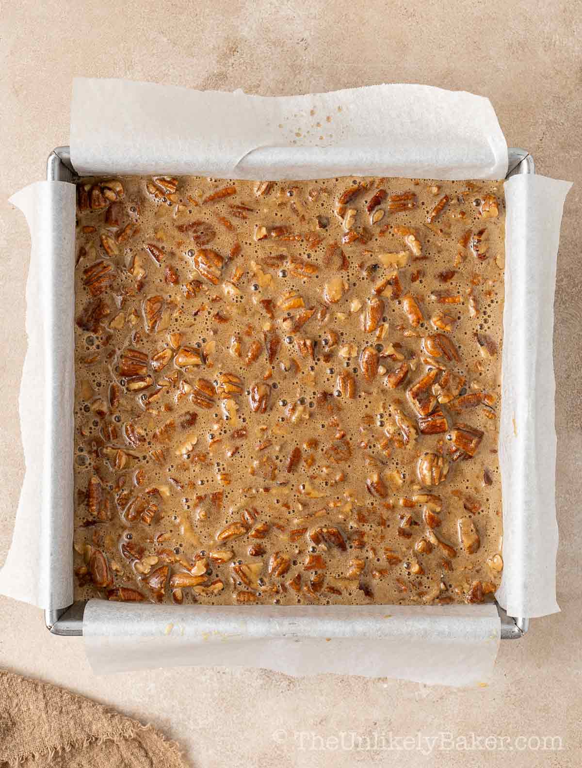 Brown sugar mixture poured into pan.