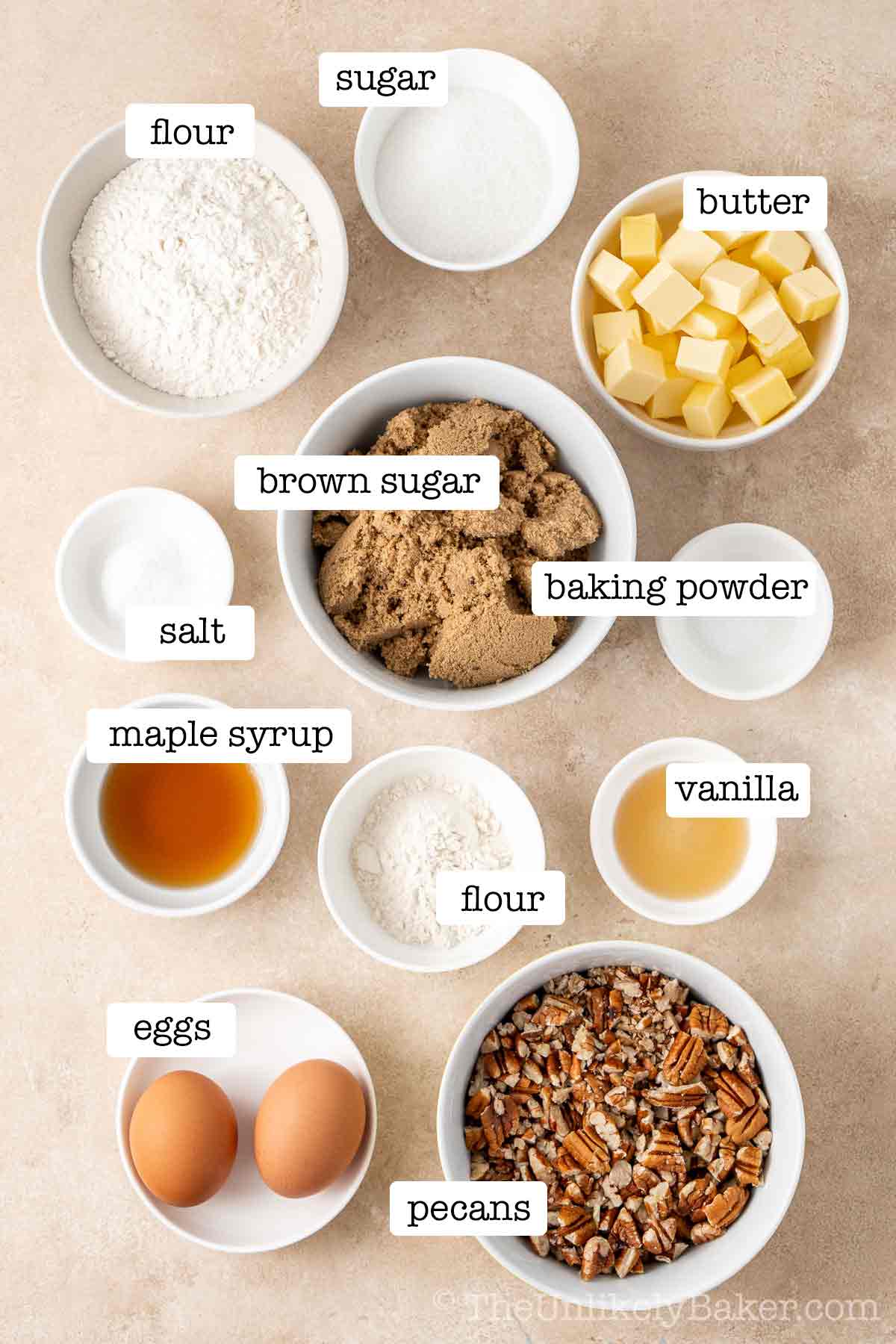 Butter tart squares ingredients with text overlay.