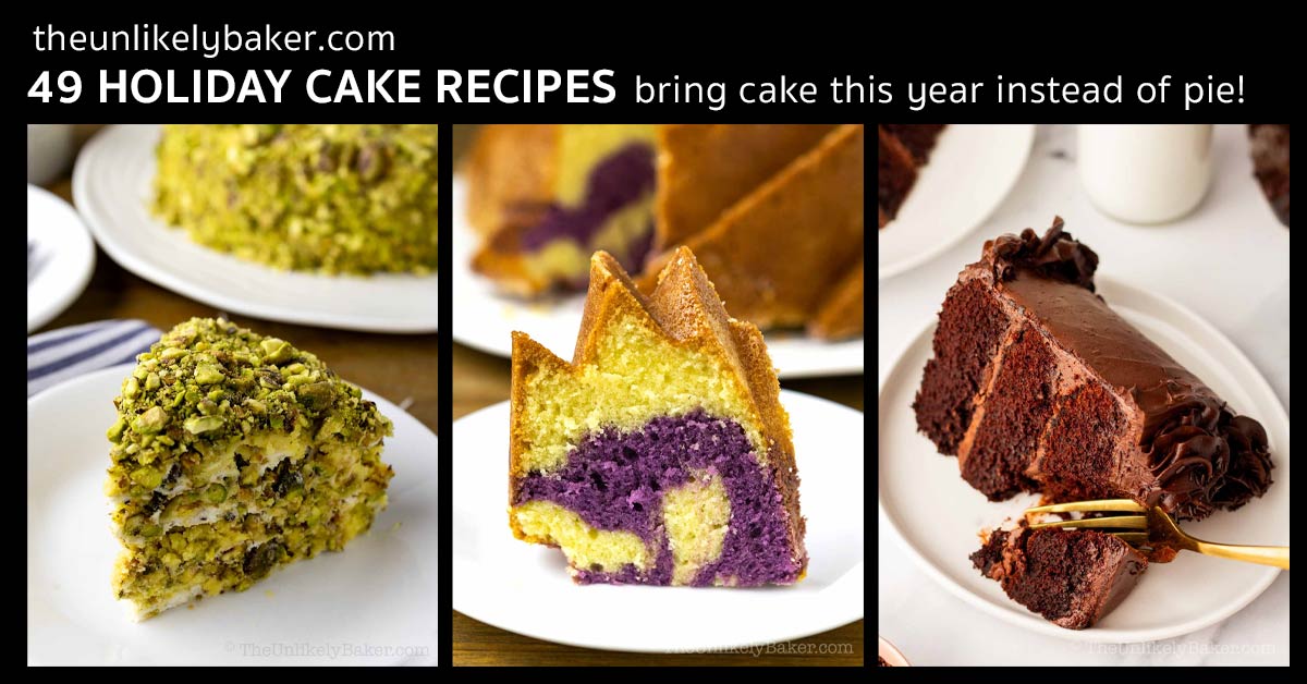 Collage of holiday cake slices.