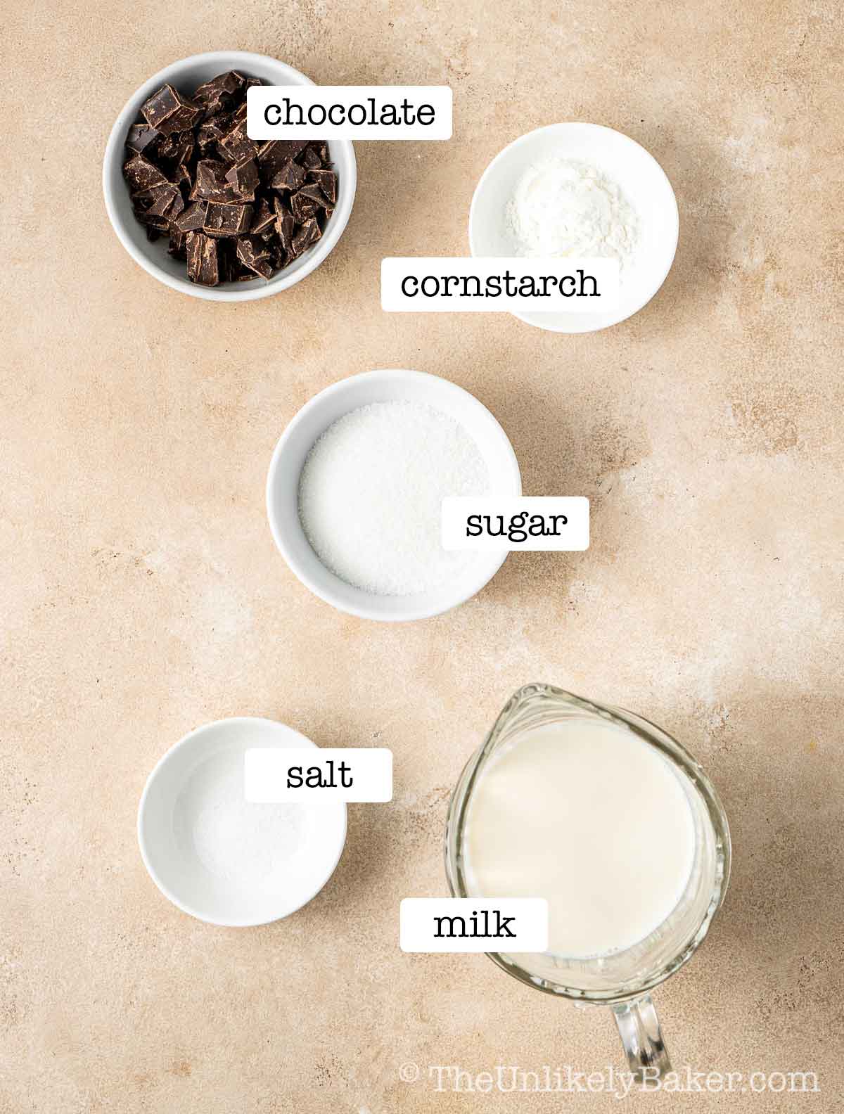 Ingredients for churros chocolate dipping sauce with text overlay.