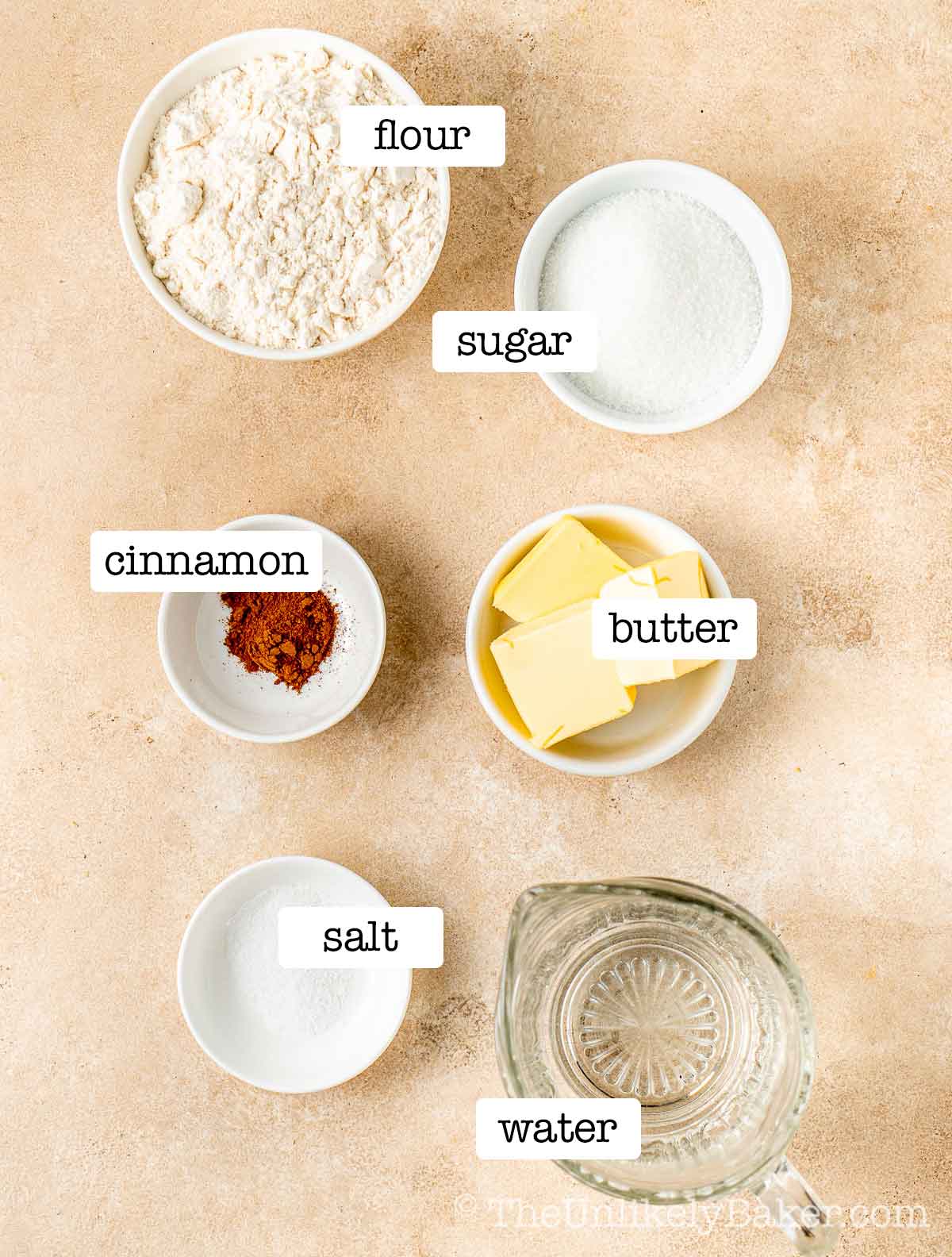 Ingredients for churros con chocolate dough with text overlay.