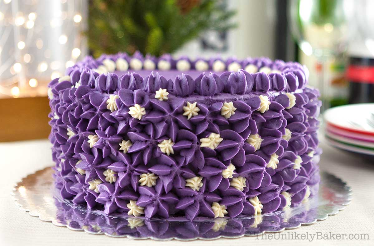 A stunning ube cake with ube frosting.