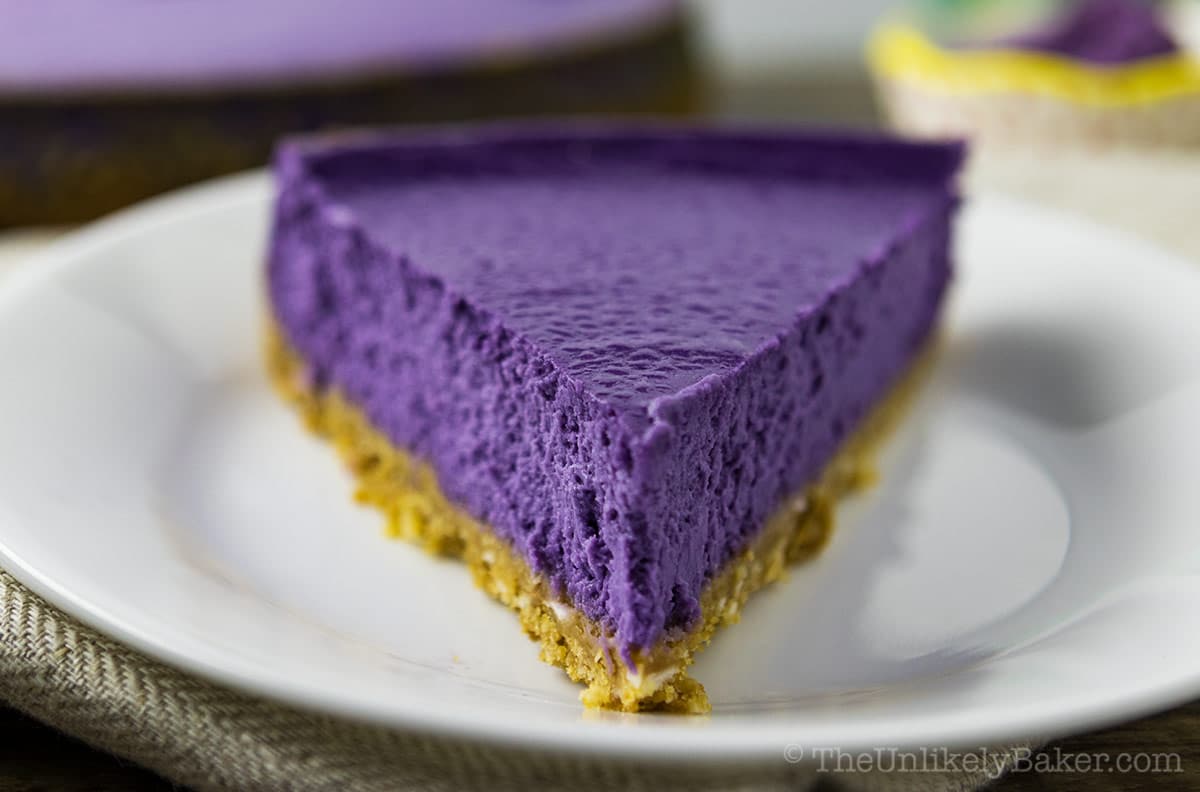 A slice of creamy ube cheesecake.