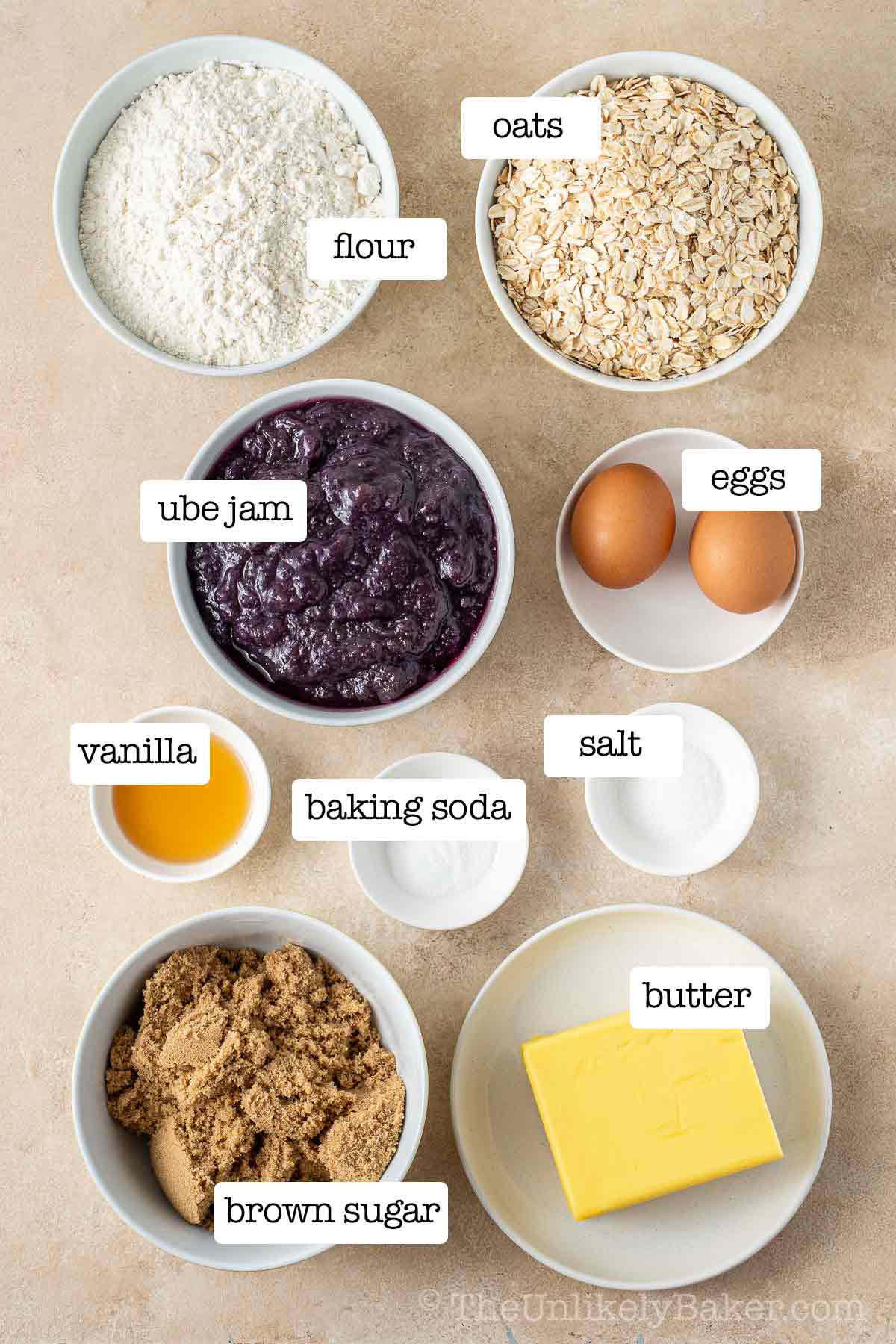 Ube revel bars ingredients with text overlay.